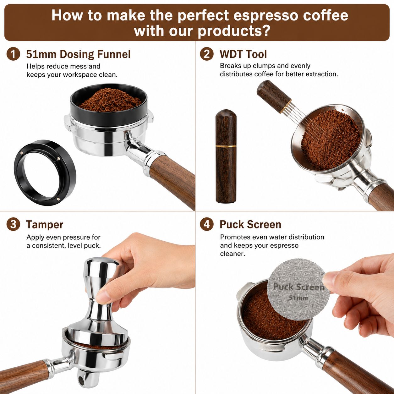 TIPIKOS 51mm Espresso Tamper Set with Puck Screen and WDT Distribution Tool