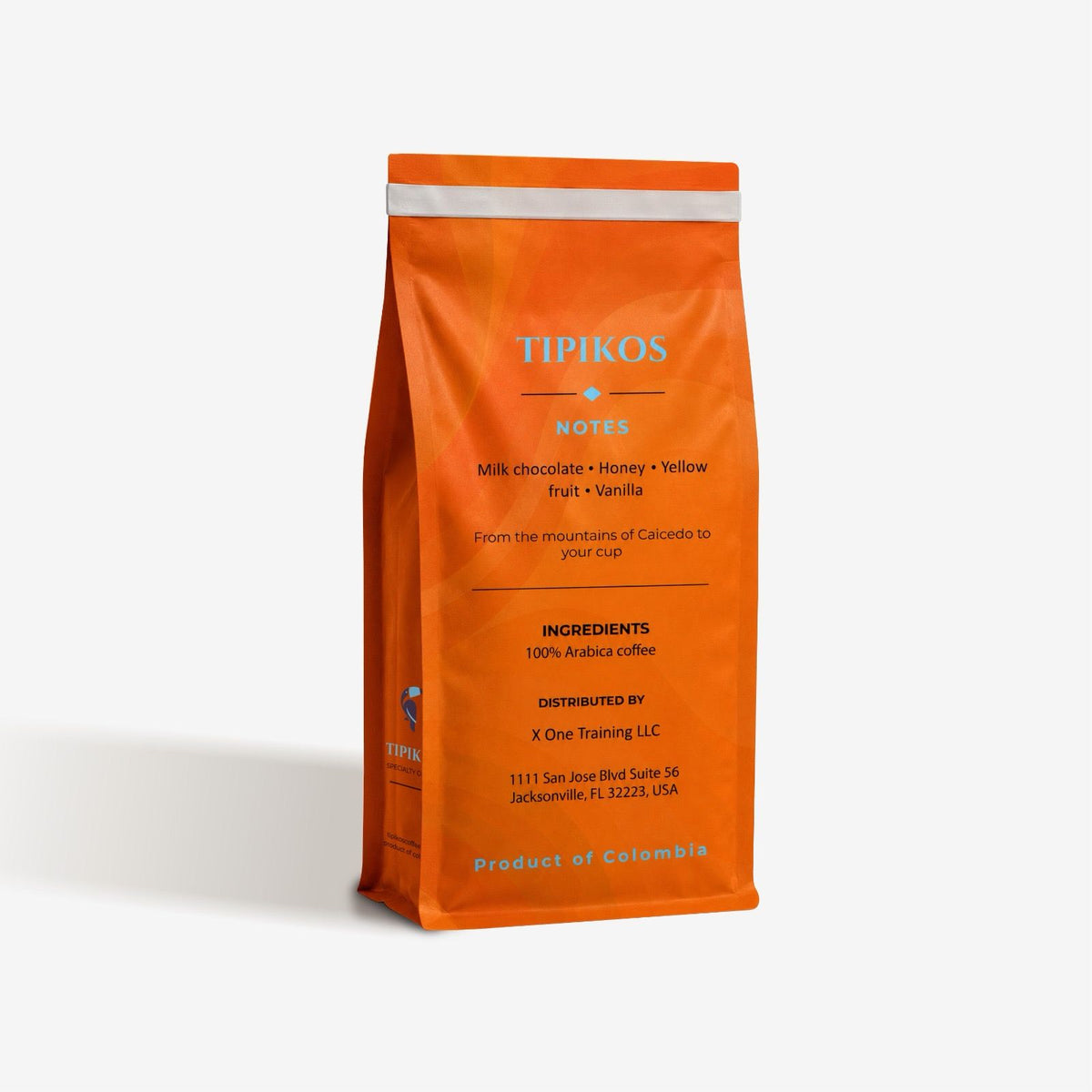 Back of TIPIKOS Colombian Medium Roast Coffee bag showing tasting notes, ingredients and product information