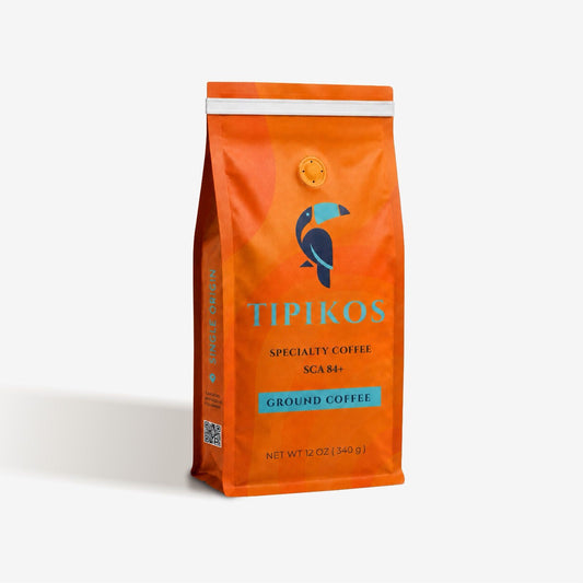 Front view of TIPIKOS Colombian Medium Roast Ground Coffee bag, 12 oz, 100% Arabica