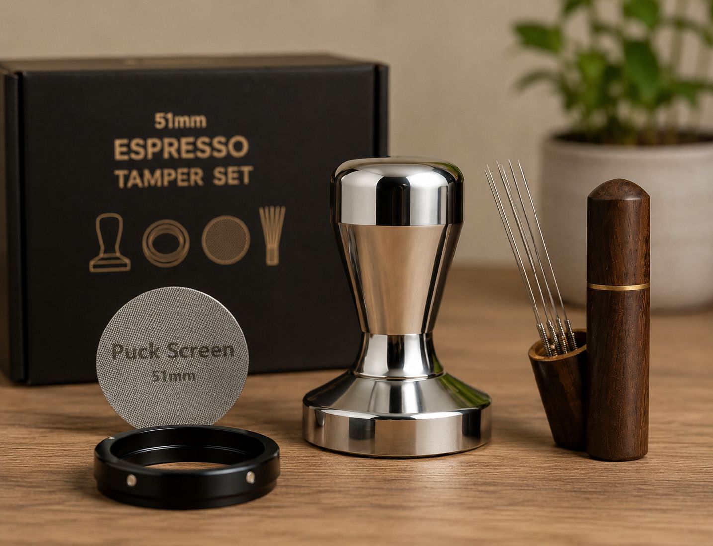 TIPIKOS 51mm Espresso Tamper Set with Puck Screen and WDT Distribution Tool
