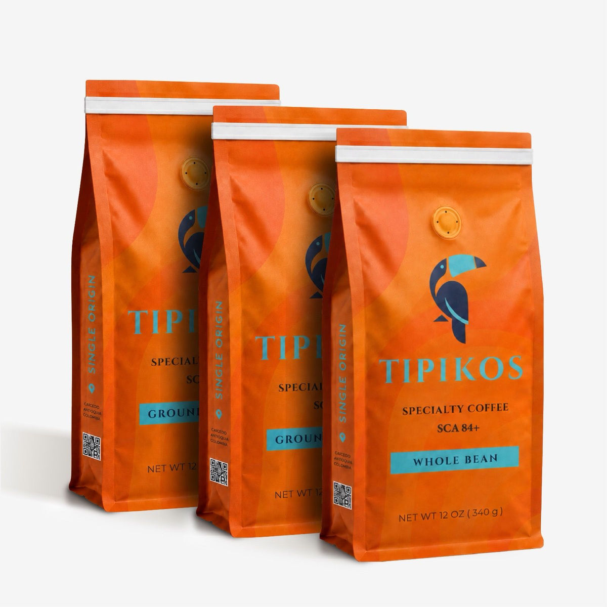 TIPIKOS Colombian Coffee 3-Pack, two Ground Coffee bags and one Whole Bean bag, 12 oz each